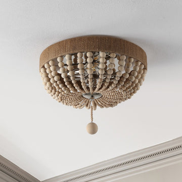 Justina Wood Bead 14" Farmhouse Bohemian Iron LED Flush Mount - JONATHAN Y